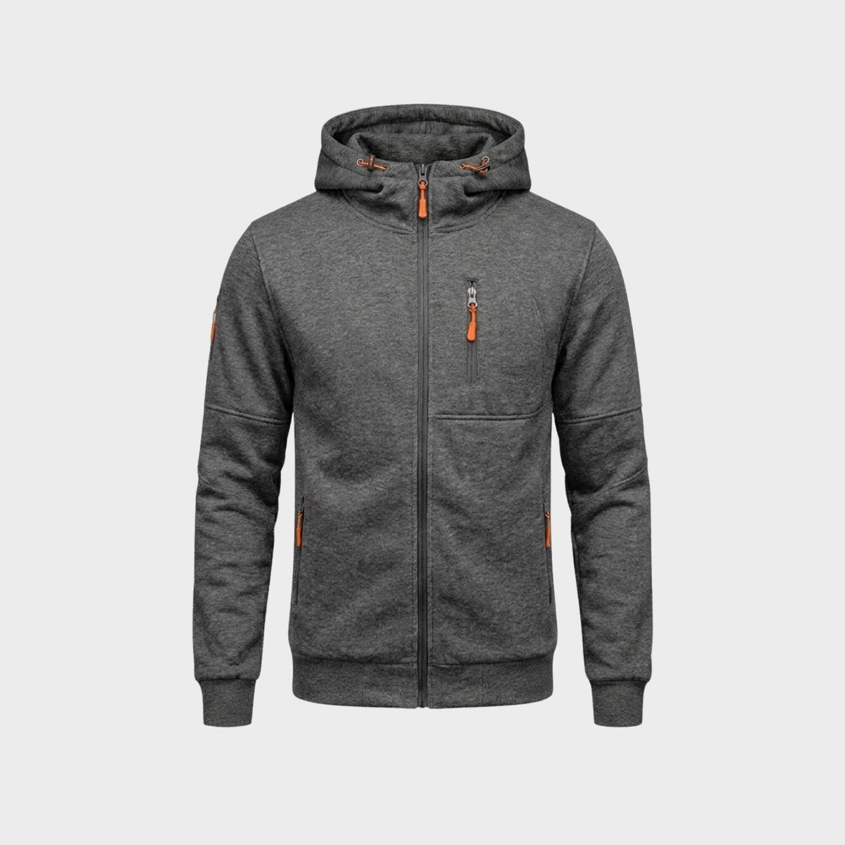 Gray zip hoodie with orange zippers, flat lay, hood and pockets visible | Chaps London