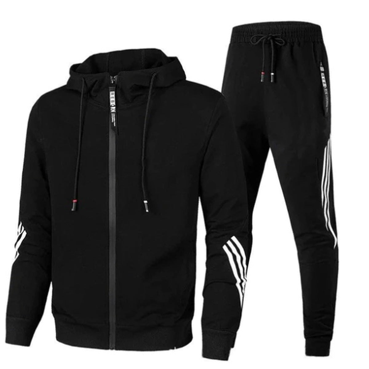 Black hooded tracksuit with white stripes, zip jacket and joggers, flat lay | Chaps London