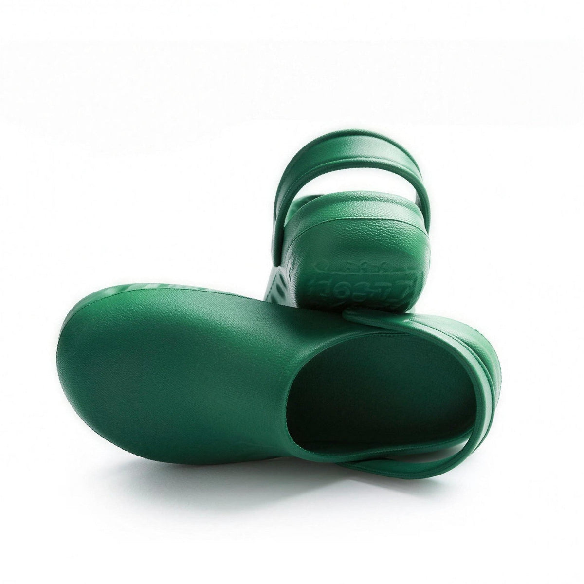 Green EVA clog pair with heel strap, shown flat, back view | Chaps London