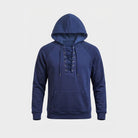 Navy blue lace-up hoodie with kangaroo pocket, shown flat on background | Chaps London