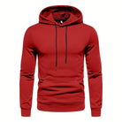 Red drawstring hoodie with kangaroo pocket, shown on mannequin, front view | Chaps London