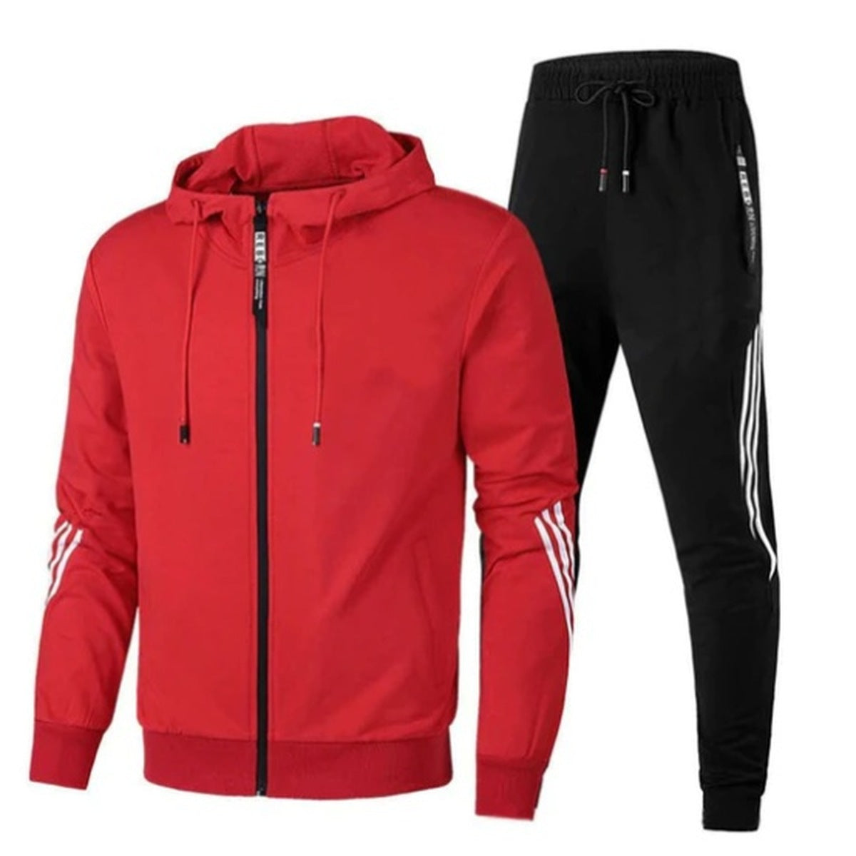 Red zip-up hooded jacket and black striped jogger pants, flat lay | Chaps London