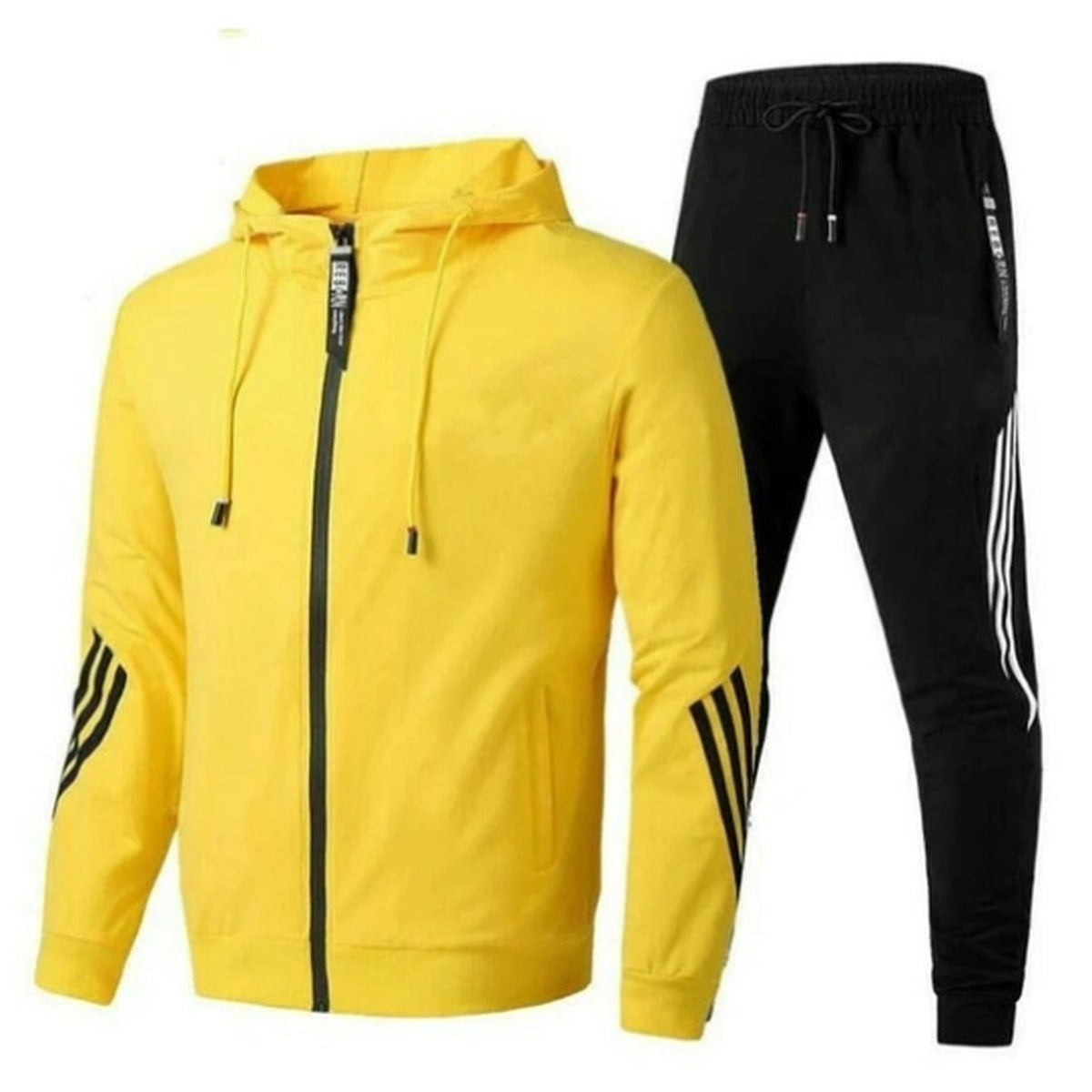Yellow hooded jacket and black striped pants tracksuit, flat lay | Chaps London