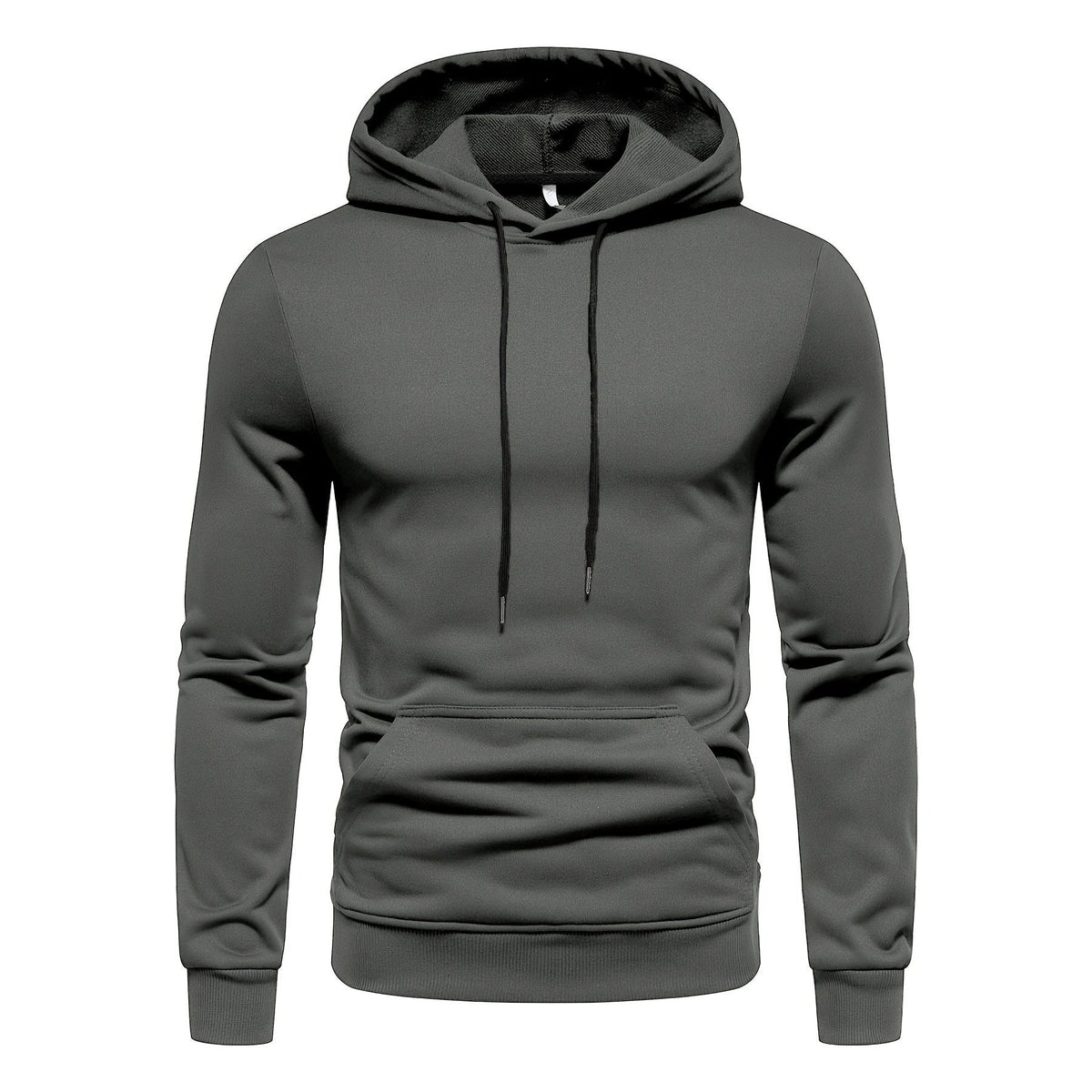 Dark gray drawstring hoodie with kangaroo pocket, worn by a person | Chaps London