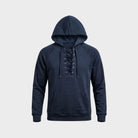 Navy lace-up hoodie with kangaroo pocket, shown flat on background | Chaps London