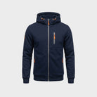 Navy zip hoodie with chest pocket and orange zipper pulls, flat lay | Chaps London