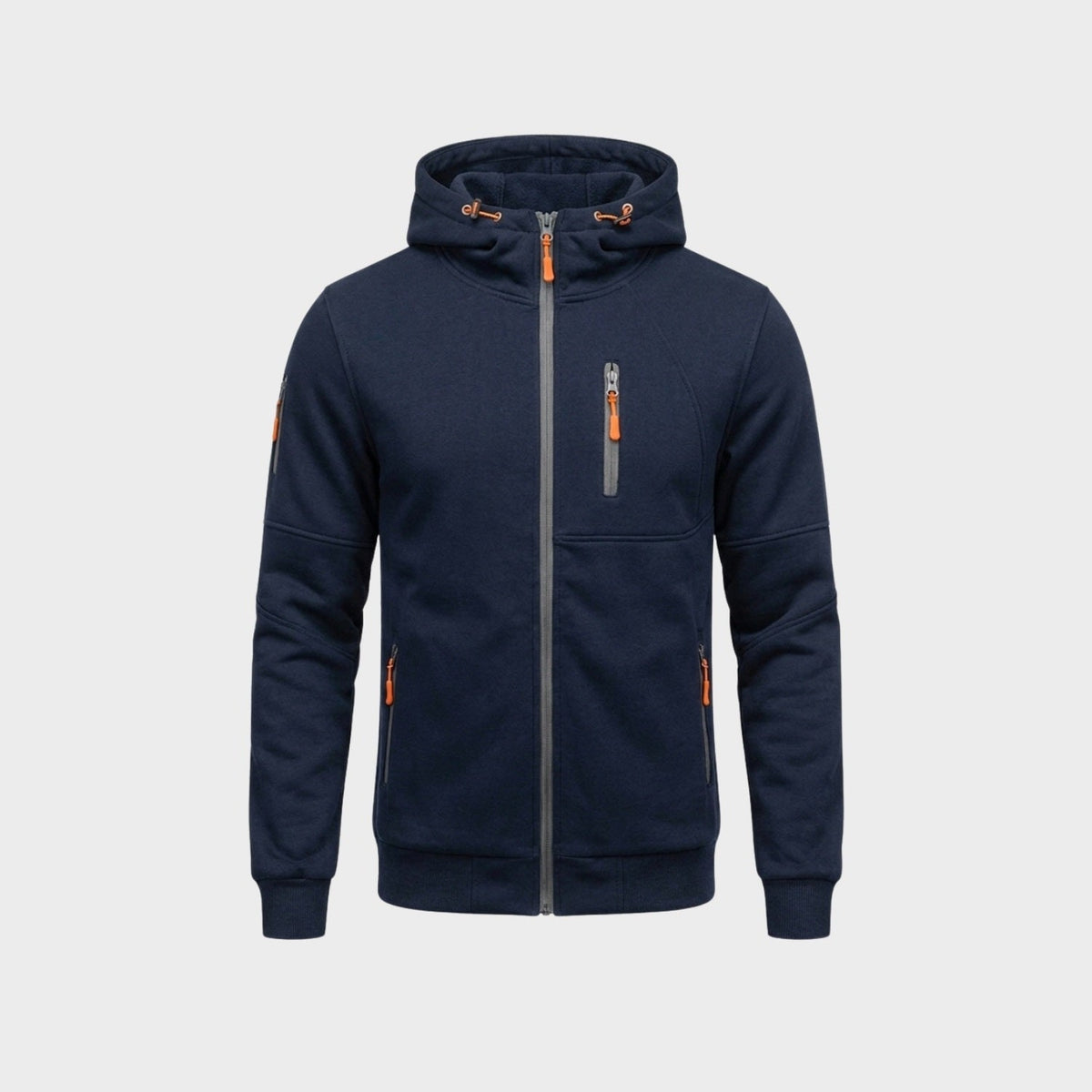 Navy zip hoodie with chest pocket and orange zipper pulls, flat lay | Chaps London
