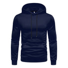 Navy blue drawstring hoodie with kangaroo pocket, shown flat on invisible mannequin | Chaps London