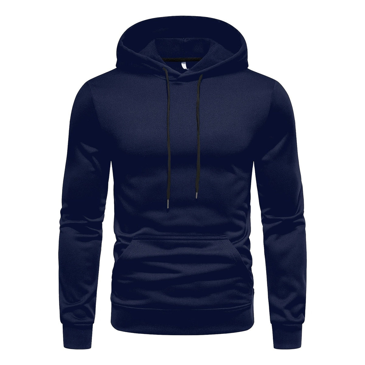 Navy blue drawstring hoodie with kangaroo pocket, shown flat on invisible mannequin | Chaps London