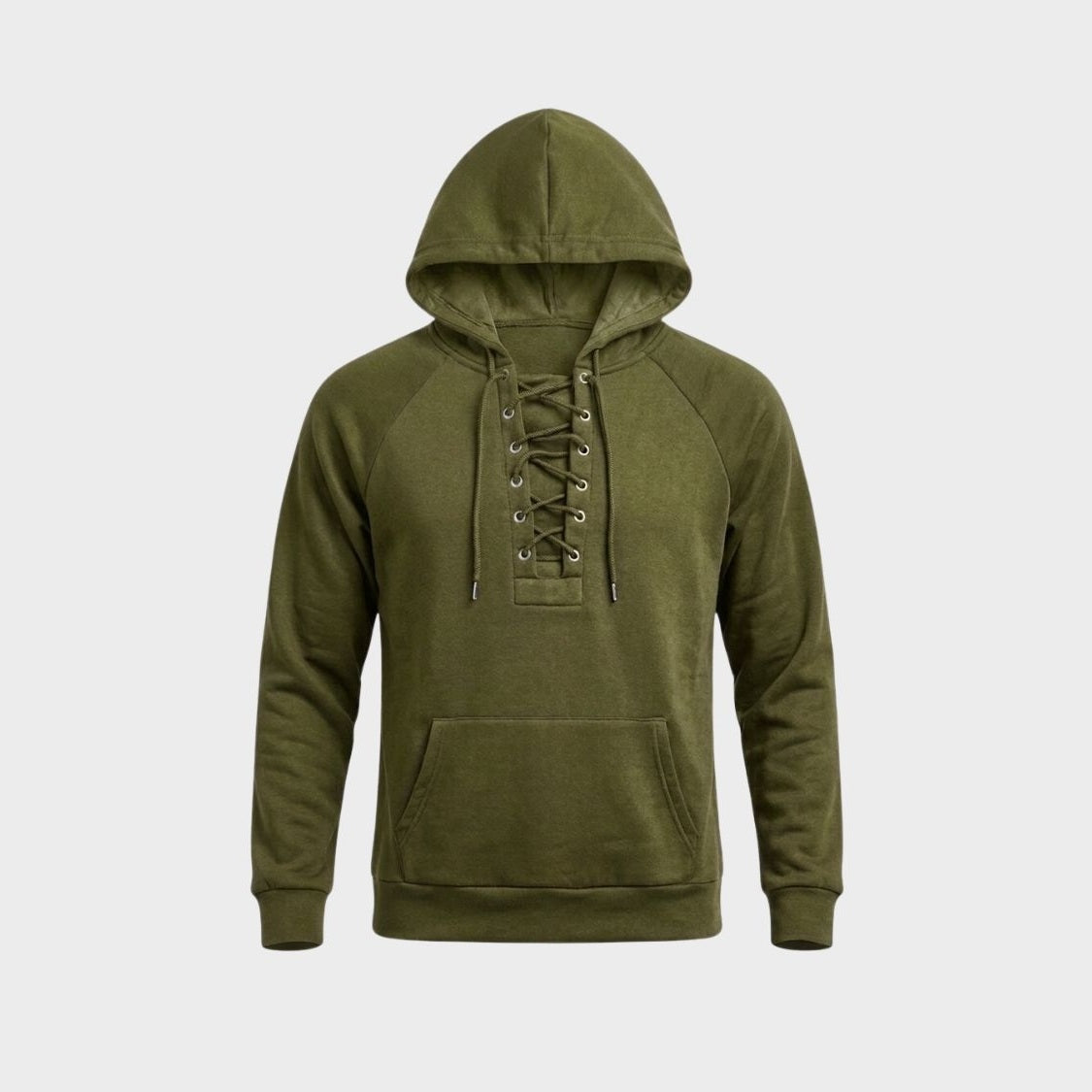 Olive green lace-up hoodie with kangaroo pocket, shown flat on background | Chaps London