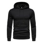 Black drawstring hoodie with kangaroo pocket, shown flat on mannequin form | Chaps London