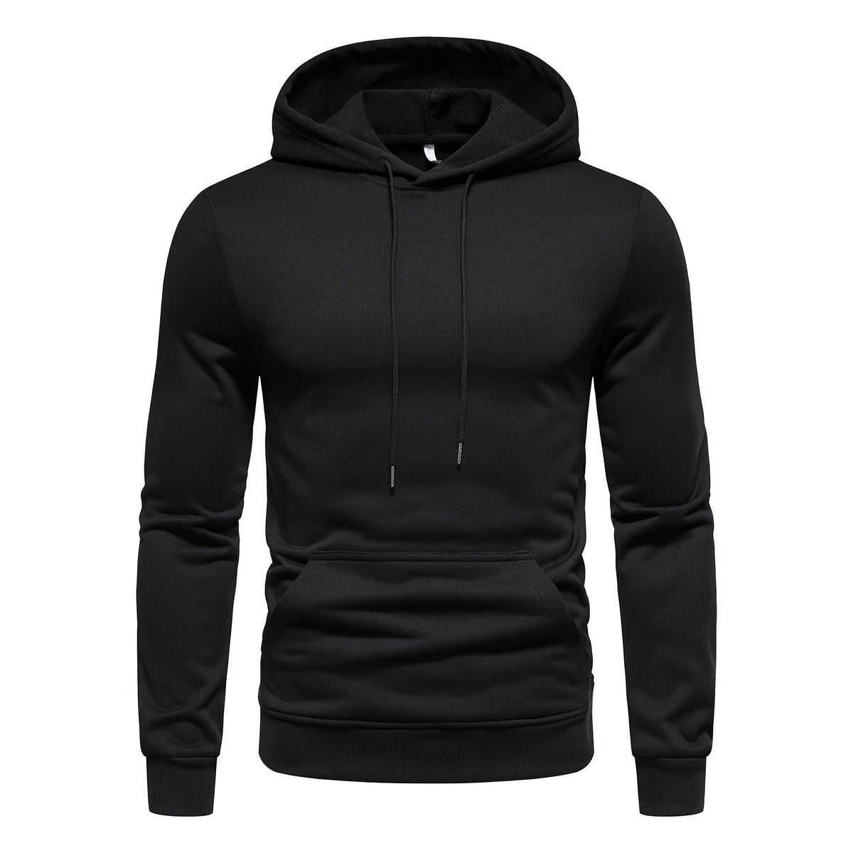 Black drawstring hoodie with kangaroo pocket, shown flat on mannequin form | Chaps London