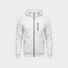 White zip-up hoodie with orange accents, shown flat, front view | Chaps London