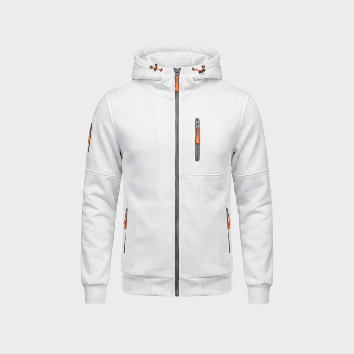 White zip-up hoodie with orange accents, shown flat, front view | Chaps London