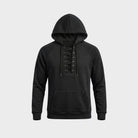 Black lace-up hoodie with kangaroo pocket, shown flat on background | Chaps London