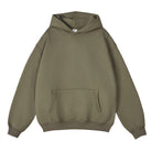 Olive green pullover hoodie with kangaroo pocket, shown flat, front view | Chaps London
