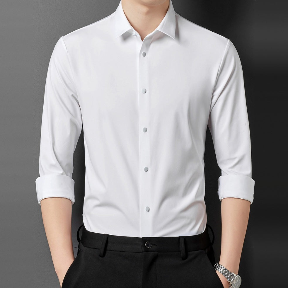 White point collar long sleeve shirt worn by man with black trousers | Chaps London