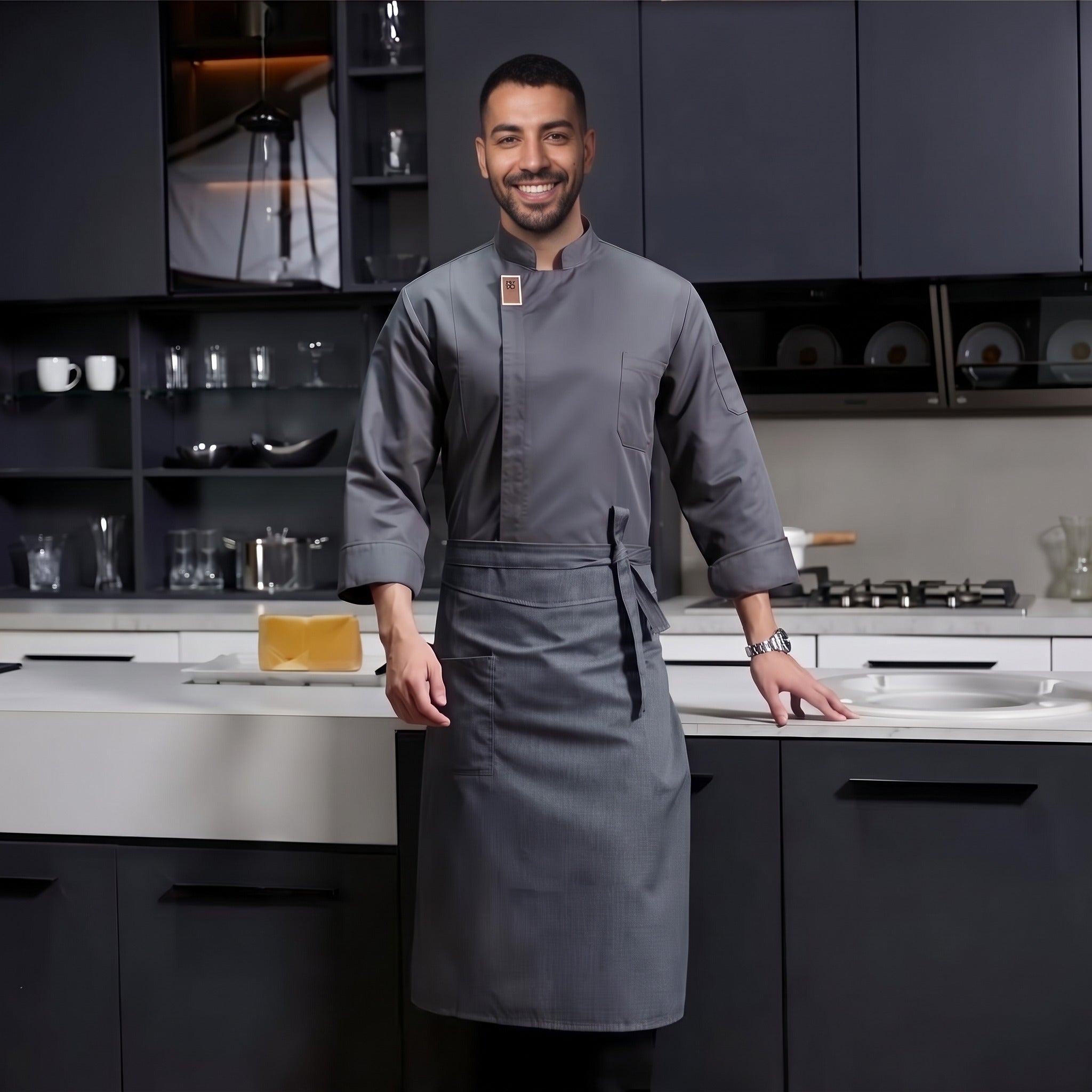 Men's Chef Jacket | Long Sleeve | Stand Collar | Chest Pocket