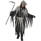 Man wearing black and gray tattered grim reaper costume with hood and scythe | Chaps London