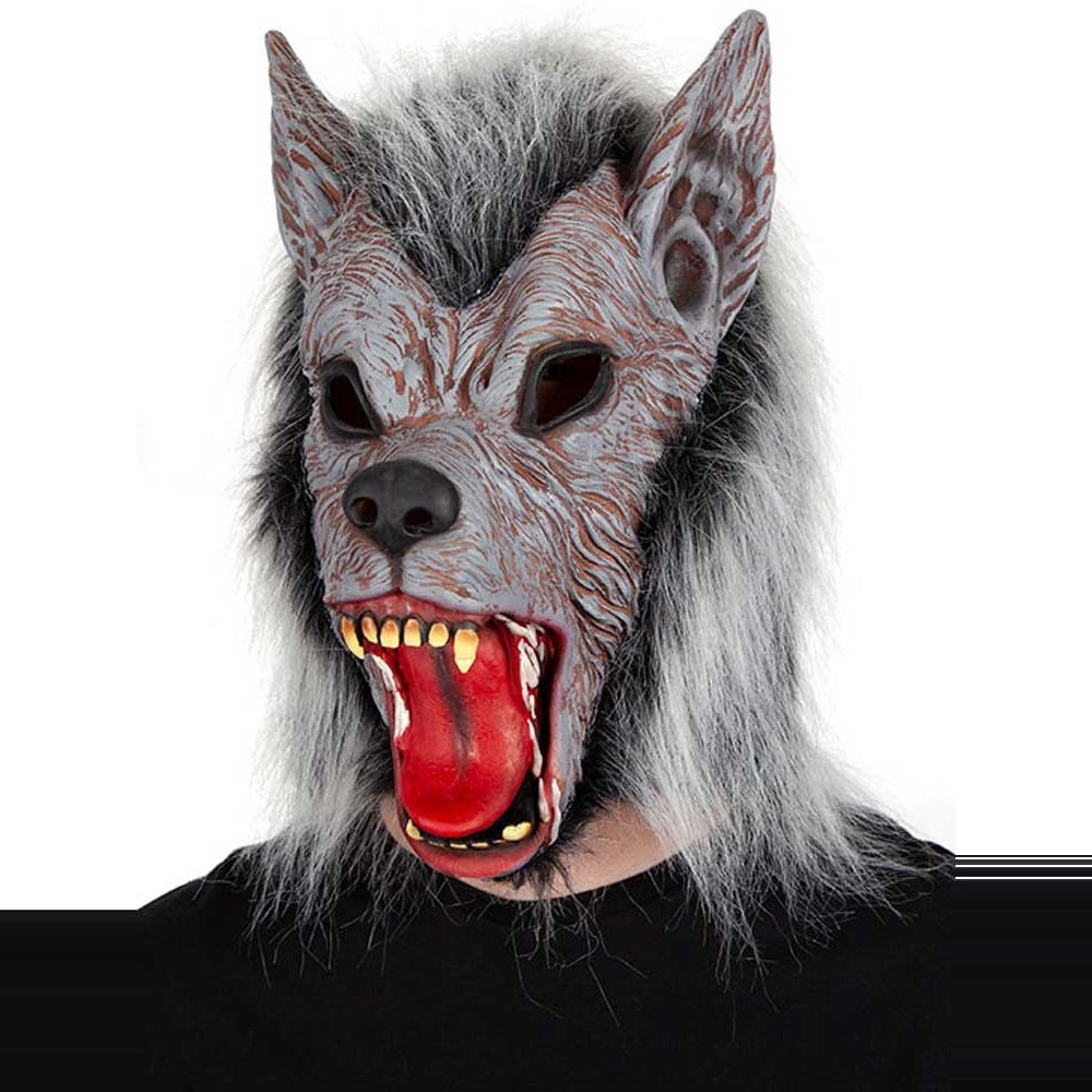 Grey werewolf mask with open mouth worn by a person | Chaps London