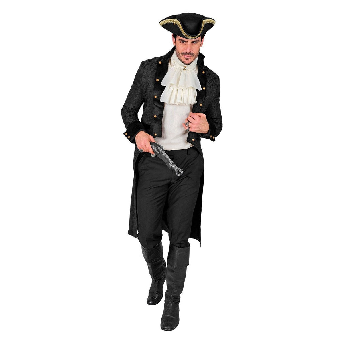 Man wearing black pirate coat, tricorn hat, and ruffled shirt, walking | Chaps London