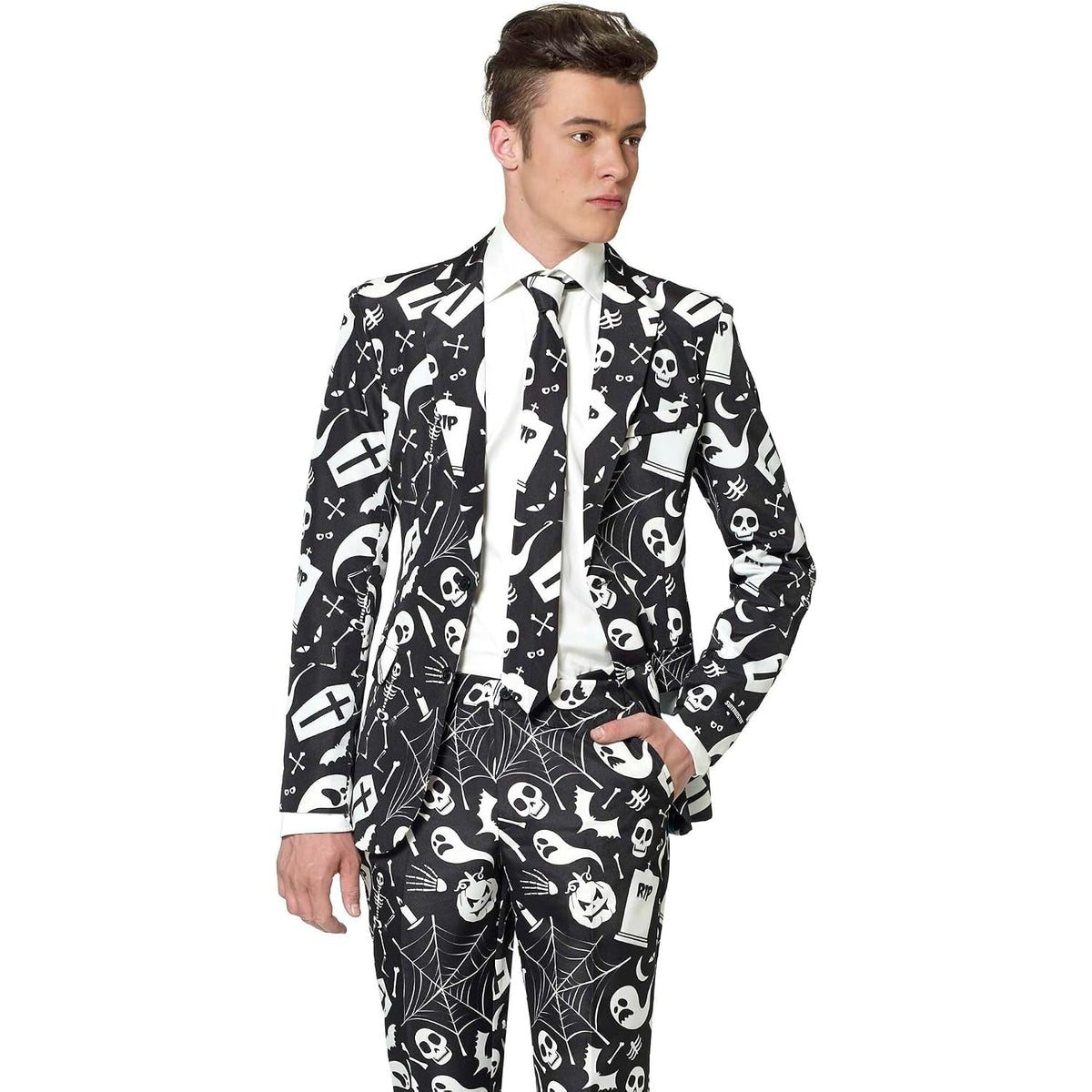 Man wearing black and white Halloween print suit jacket, trousers, and tie | Chaps London