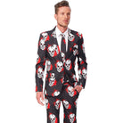 Man wearing black suit with skull print and red blood splatter pattern | Chaps London