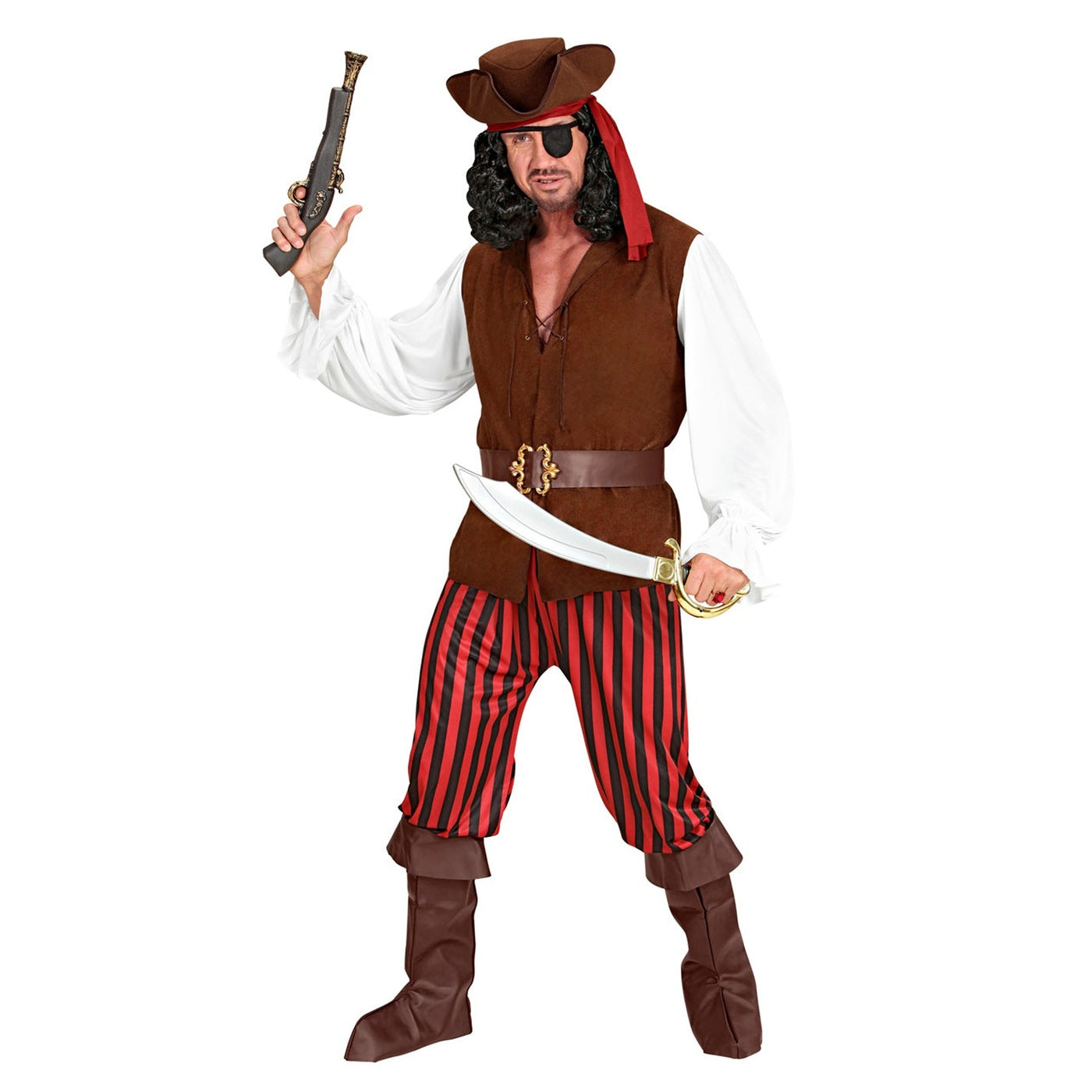 Man wearing brown pirate costume with striped pants, holding sword and pistol | Chaps London
