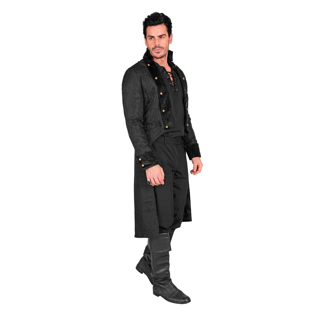 Man wearing black Victorian-style coat with stand collar, full body view | Chaps London