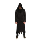 Man wearing black hooded grim reaper robe with jagged hem, full body | Chaps London