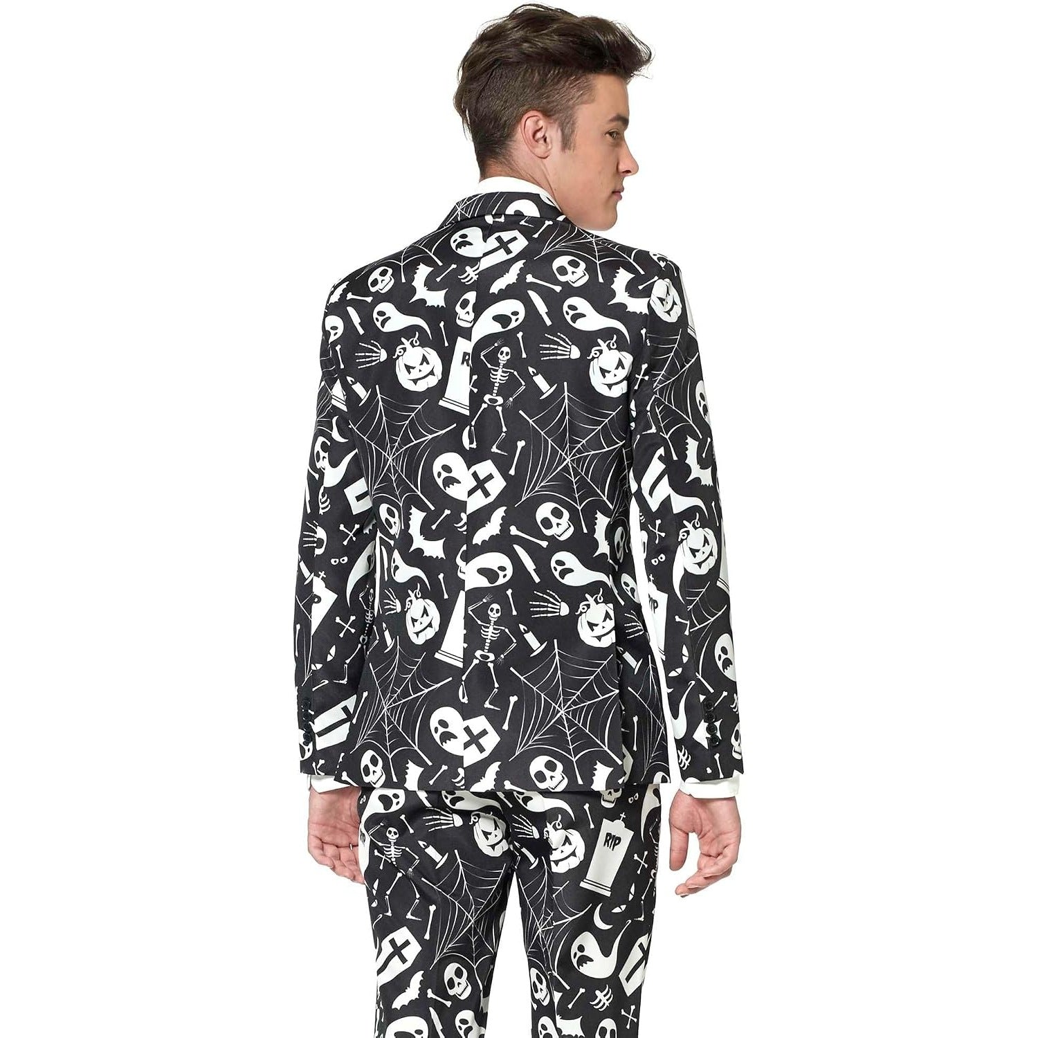 Black Halloween suit jacket with skeleton and ghost print, worn by man | Chaps London