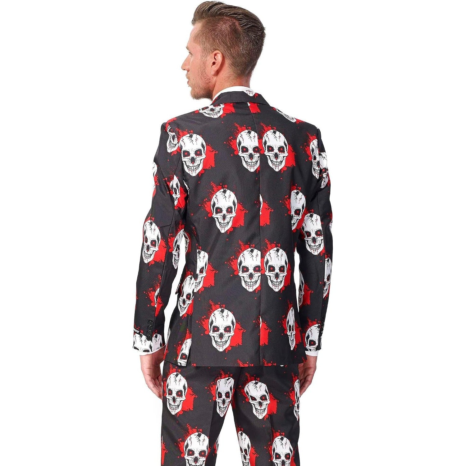 Man wearing black skull-print suit jacket with red accents, back view | Chaps London