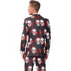 Man wearing black skull-print suit jacket with red accents, back view | Chaps London