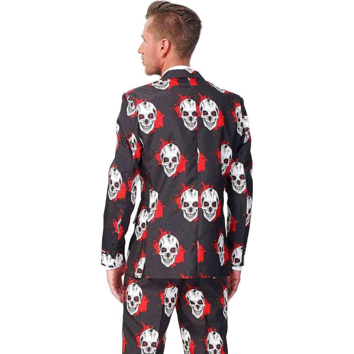 Man wearing black skull-print suit jacket with red accents, back view | Chaps London