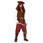 Man wearing brown pirate costume with striped pants, hat, and eye patch | Chaps London