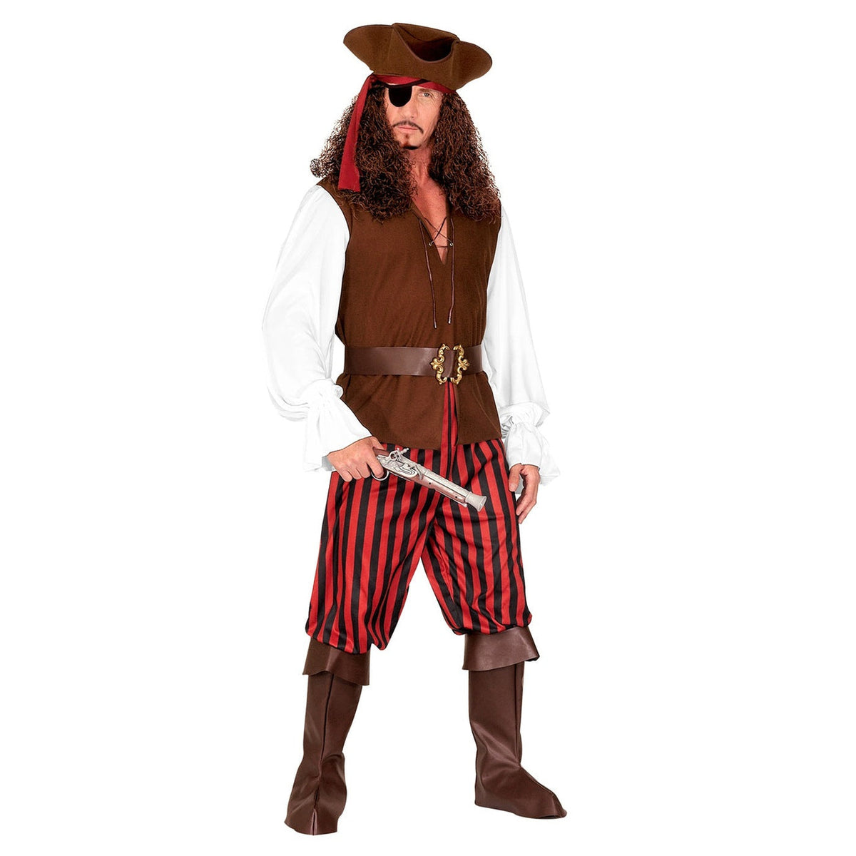 Man wearing brown pirate costume with striped pants, hat, and eye patch | Chaps London