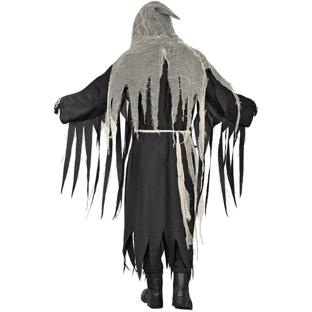 Black tattered reaper robe with gray hood, worn by person, back view | Chaps London