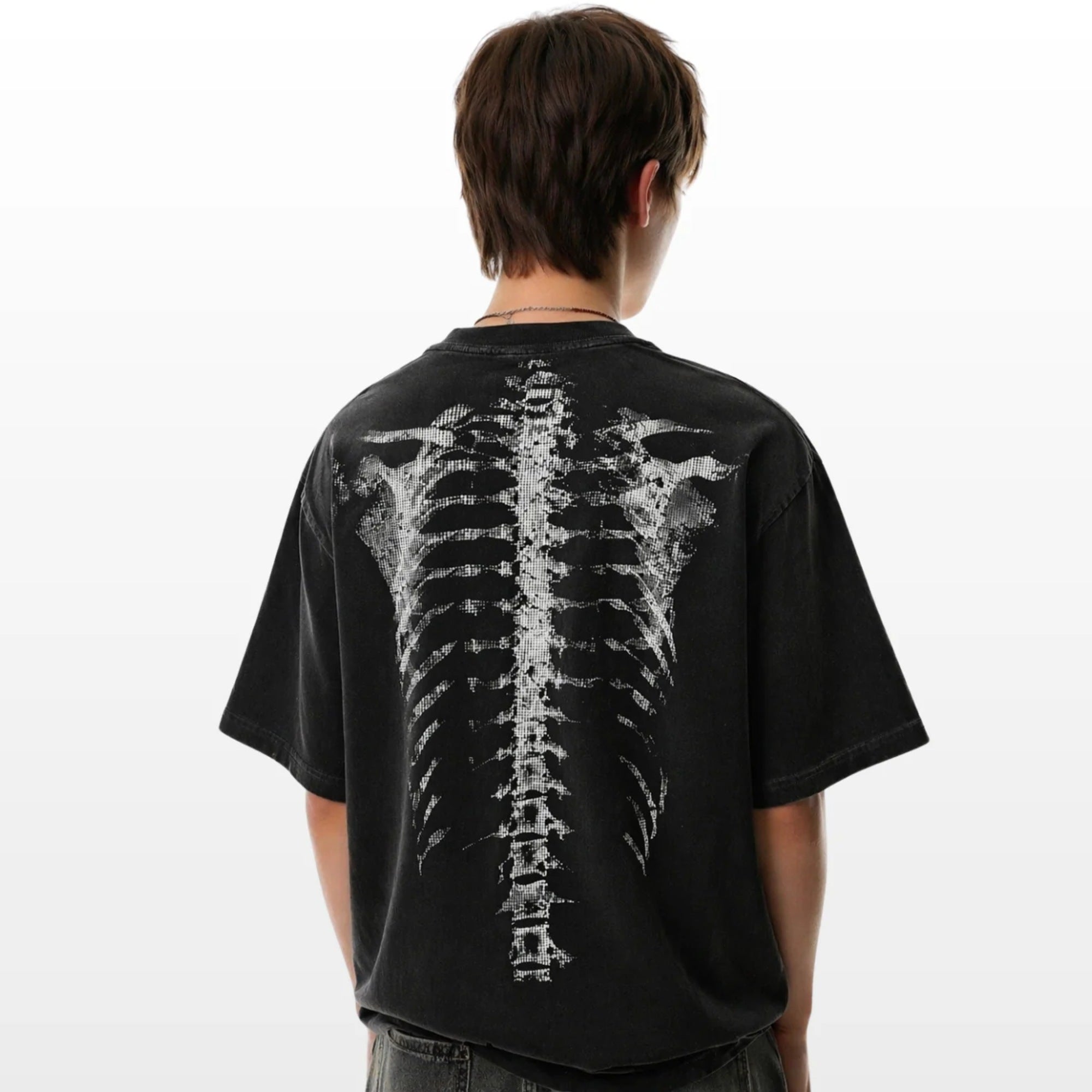 Worn black oversized t-shirt with spine skeleton print on back | Chaps London