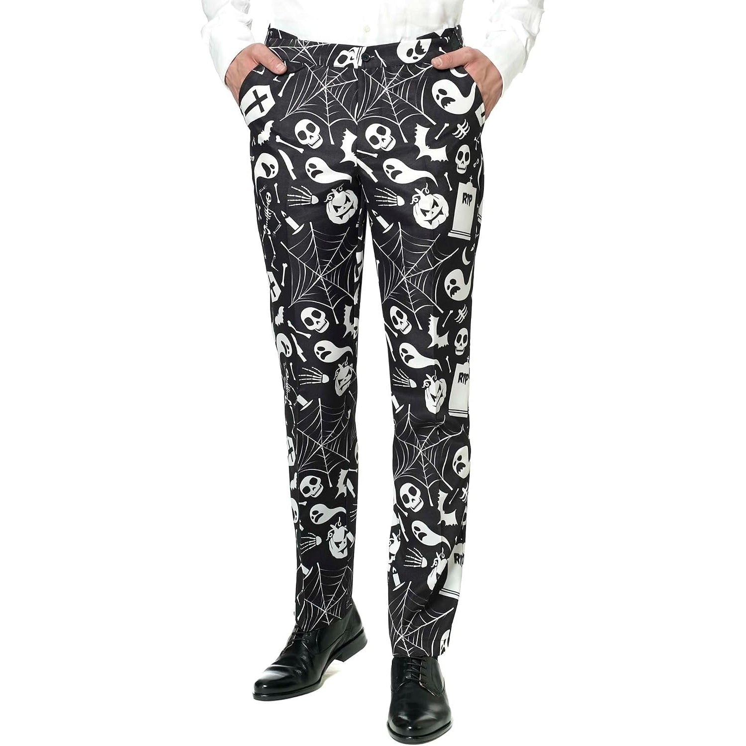 Black trousers with white Halloween ghost and skeleton print, worn by model | Chaps London