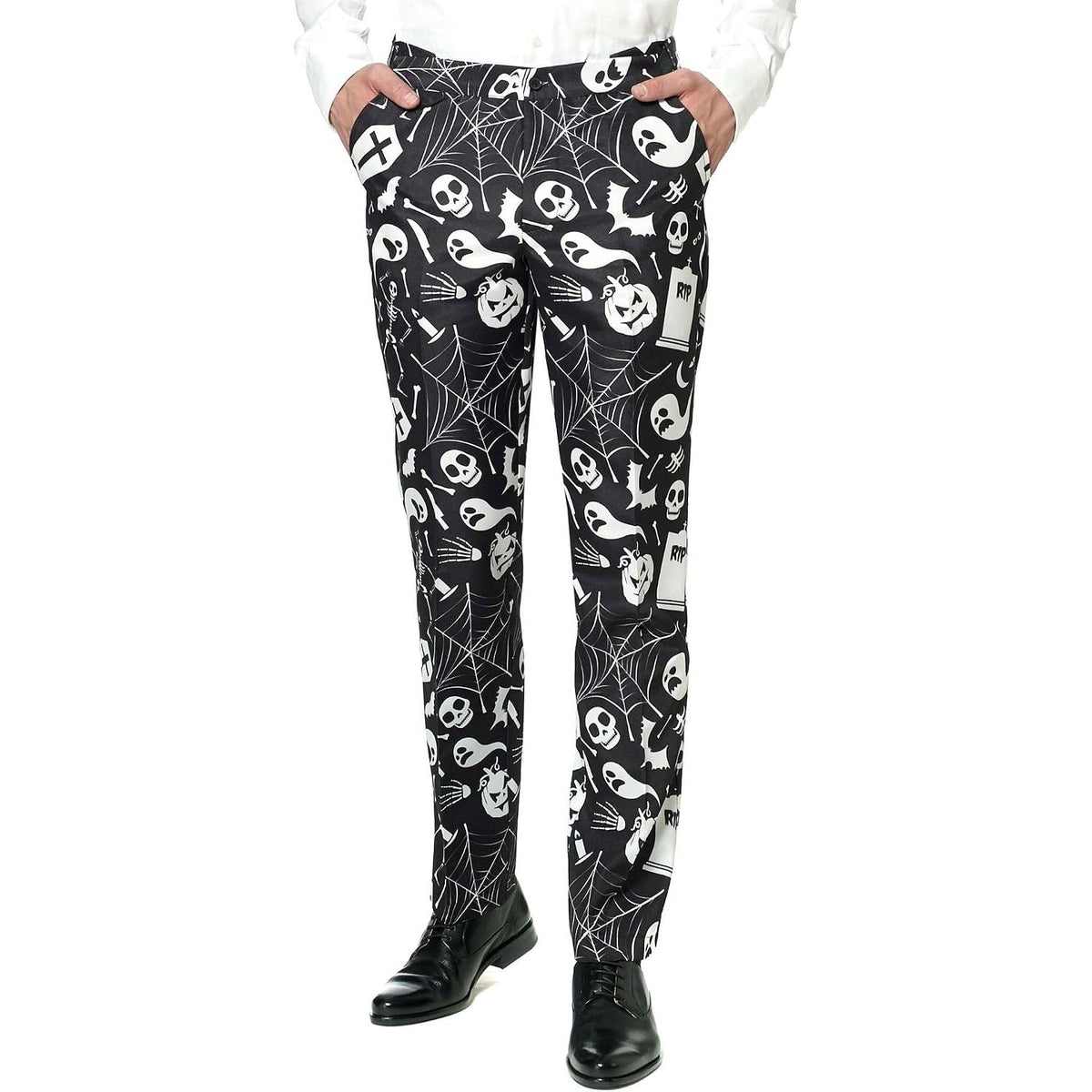 Black trousers with white Halloween ghost and skeleton print, worn by model | Chaps London