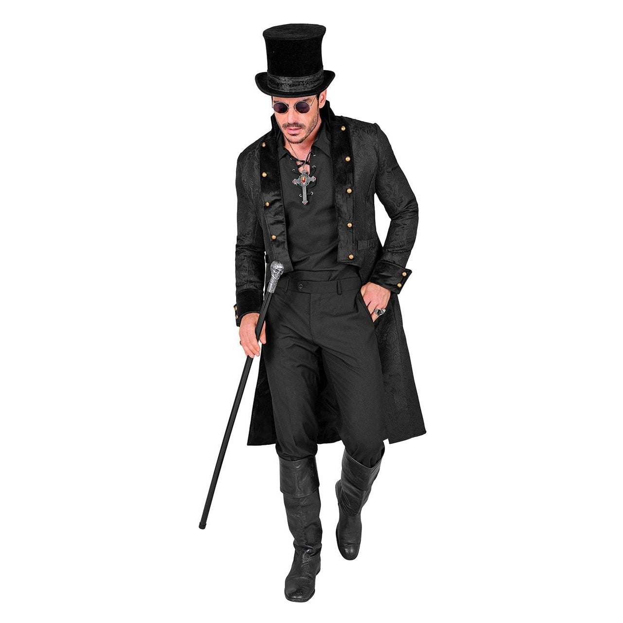 Man wearing black Victorian coat with top hat and cane | Chaps London