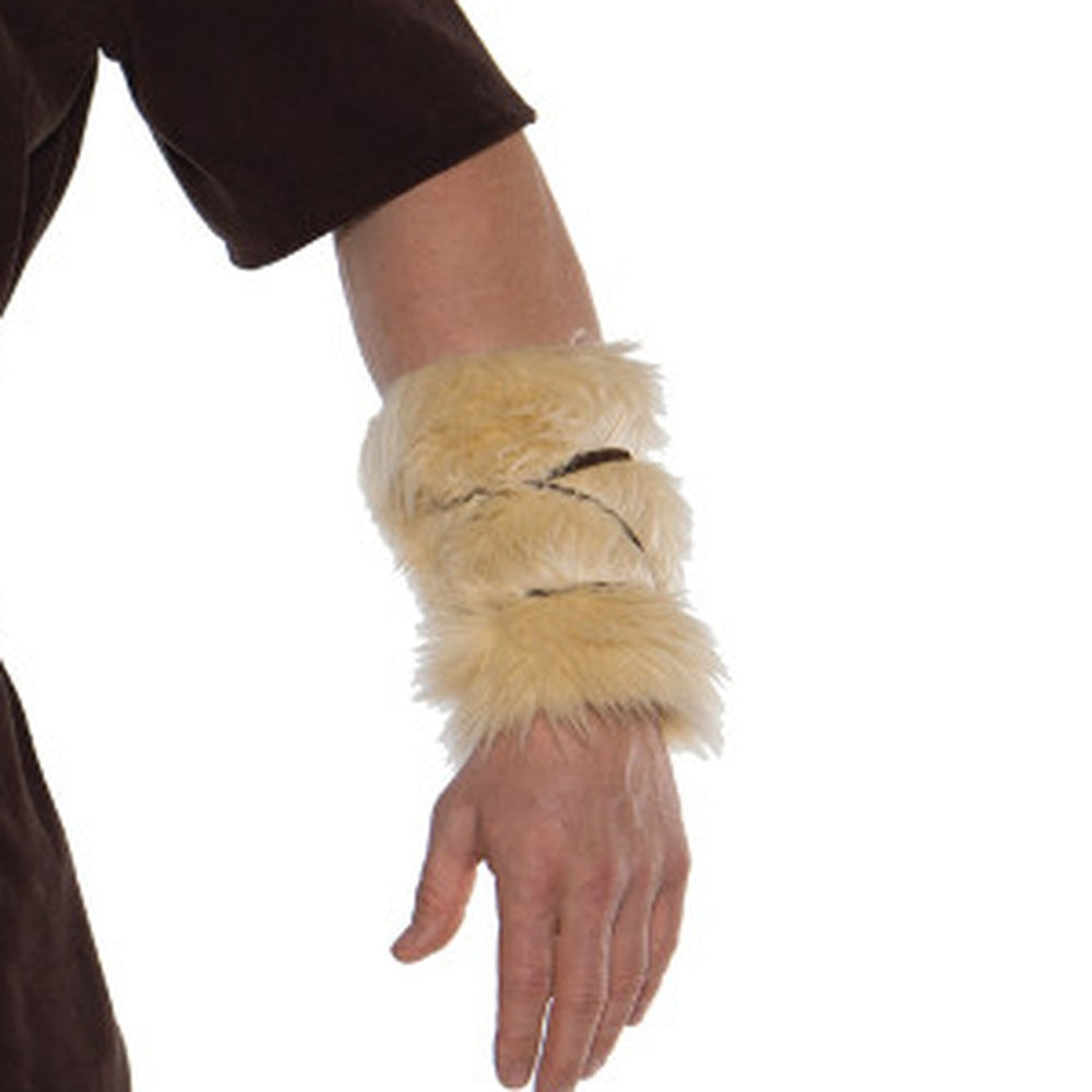 Beige faux fur arm cuff worn on person's forearm, brown sleeve visible | Chaps London
