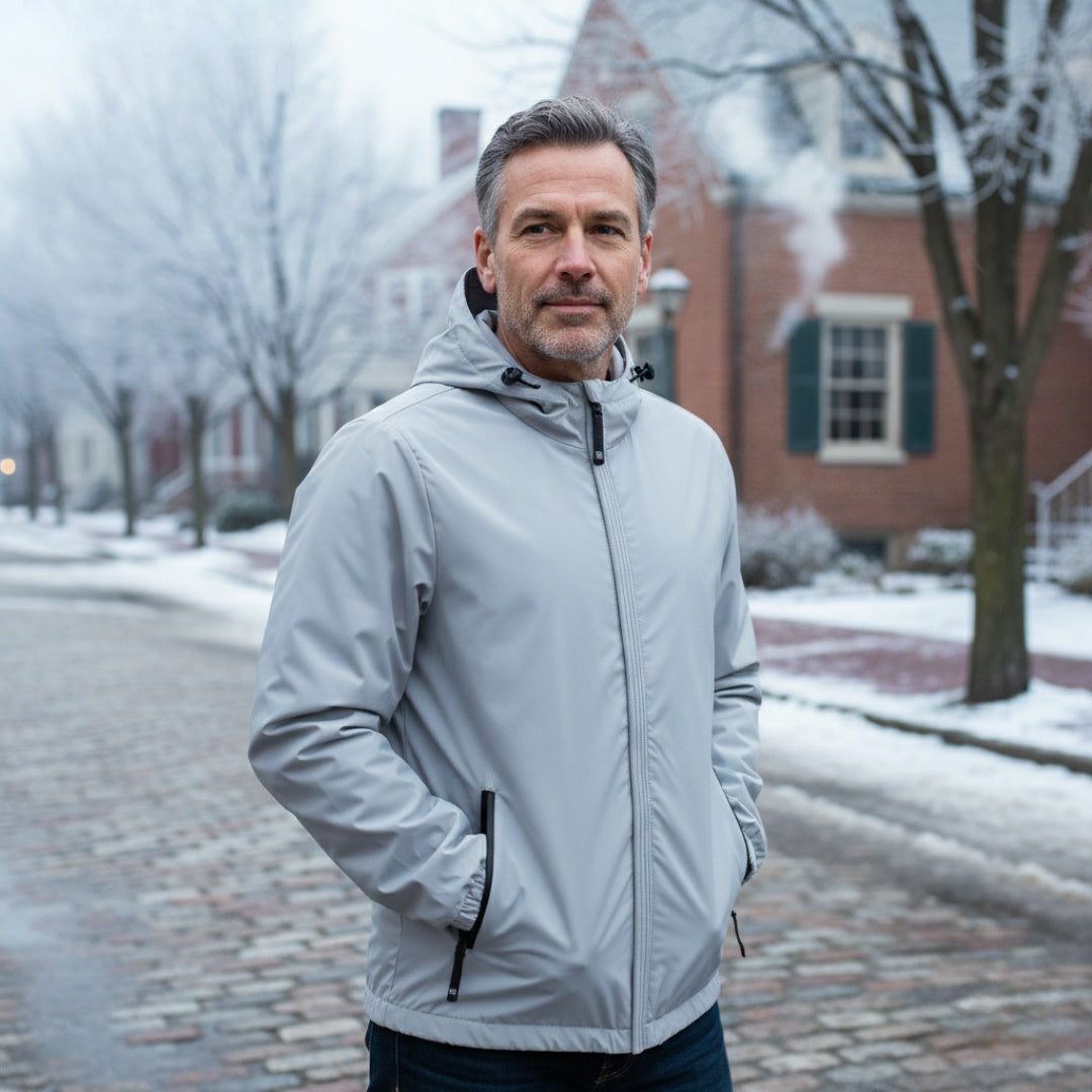 Man wearing light gray hooded jacket, standing on snowy cobblestone street | Chaps London