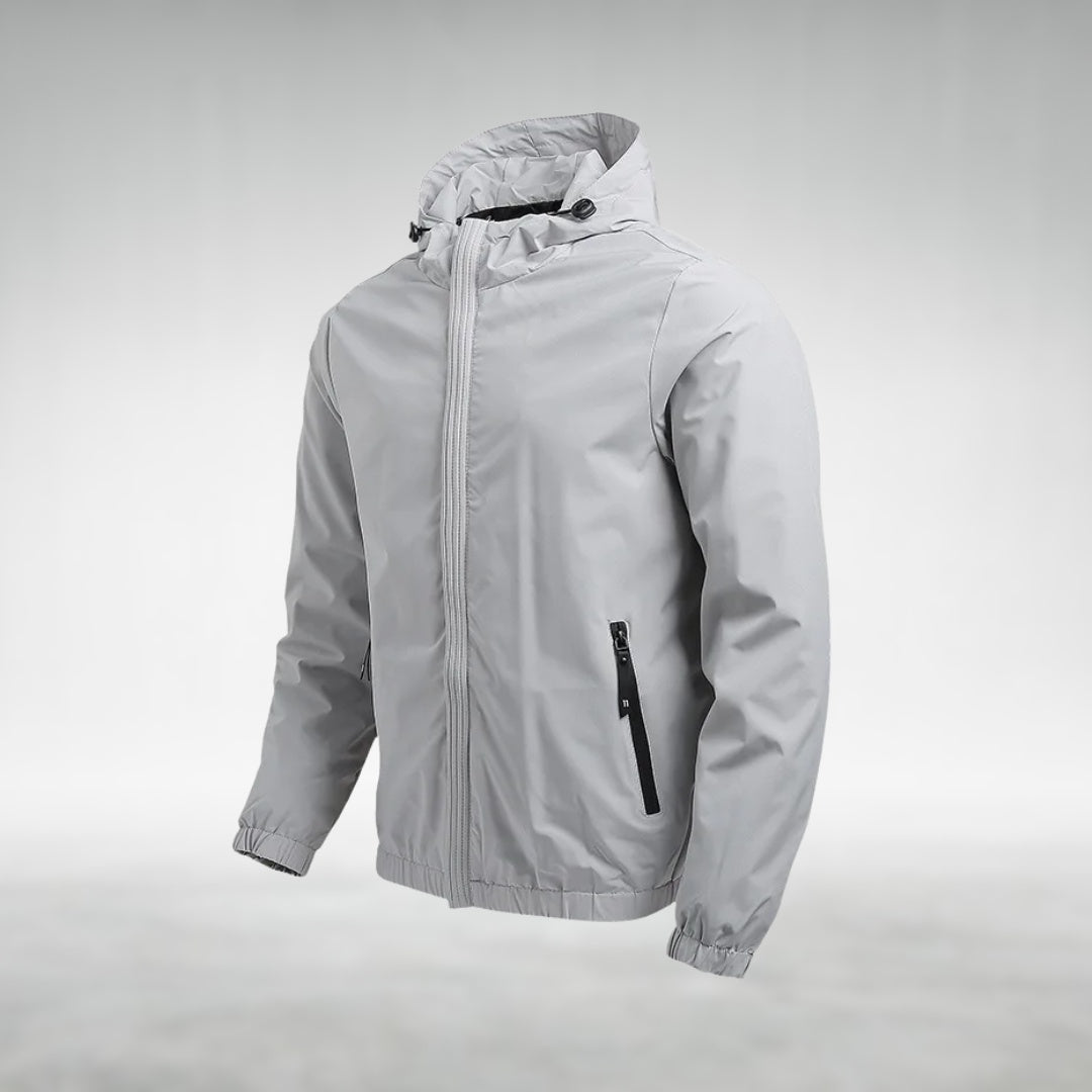 Gray hooded zip-up jacket on mannequin torso with side pocket | Chaps London