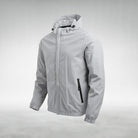 Gray hooded zip-up jacket on mannequin torso with side pocket | Chaps London