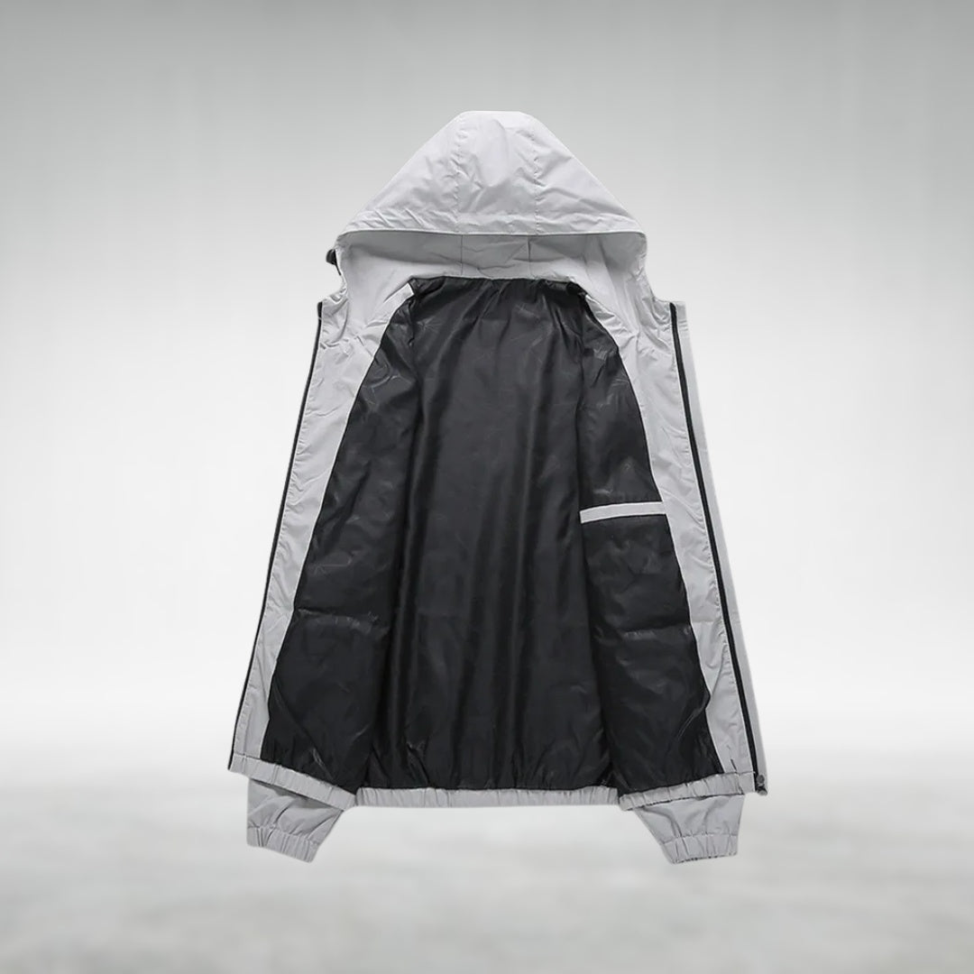 Gray hooded jacket shown open, flat lay, black lining visible | Chaps London