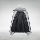 Gray hooded jacket shown open, flat lay, black lining visible | Chaps London