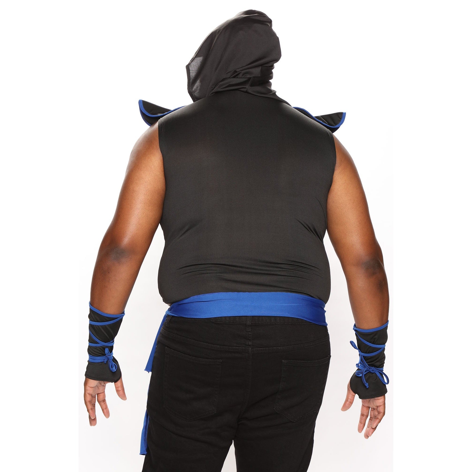 Man wearing black ninja hooded tunic with blue sash, back view | Chaps London