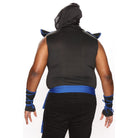 Man wearing black ninja hooded tunic with blue sash, back view | Chaps London