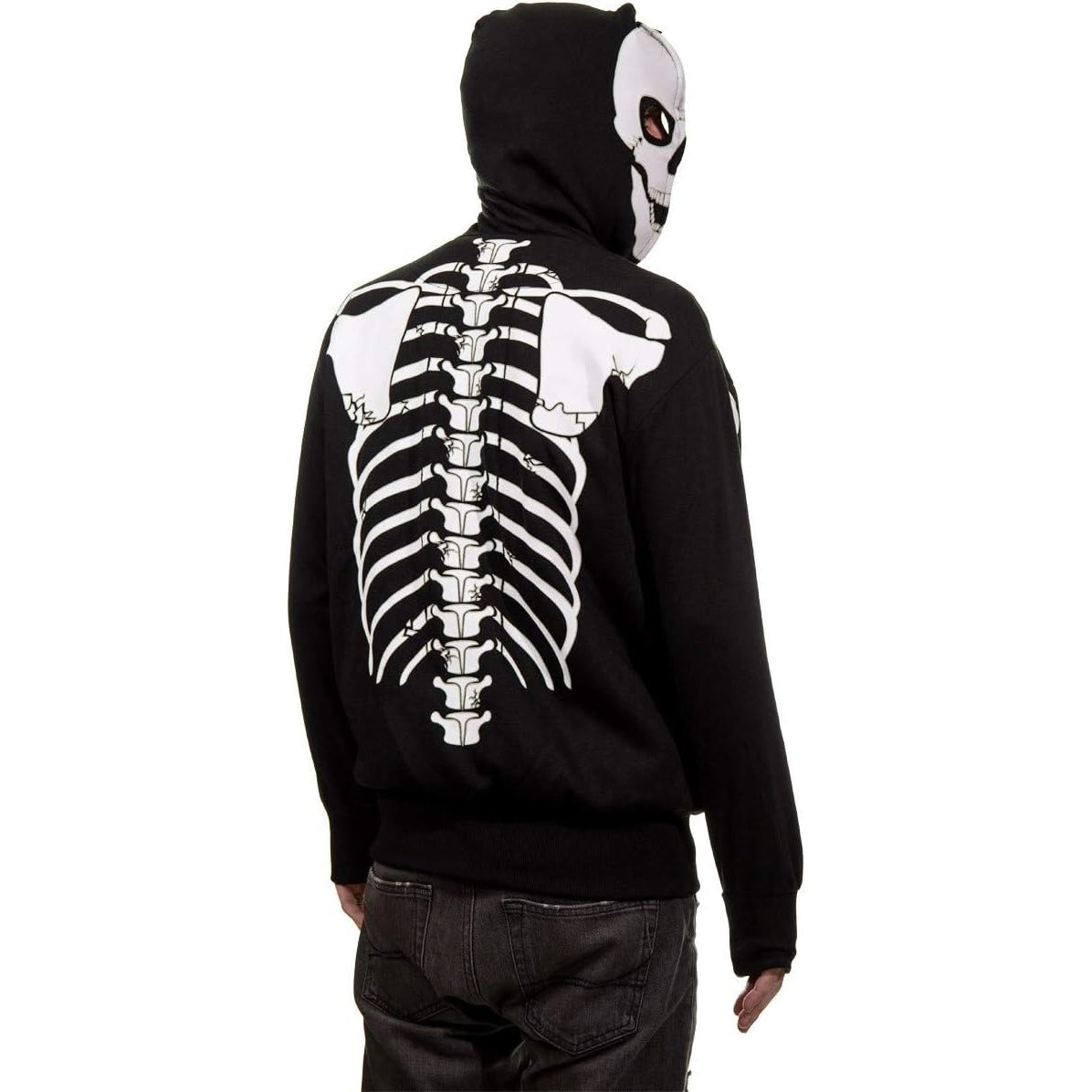 Black hoodie with skeleton skull hood and spine print, worn by person | Chaps London